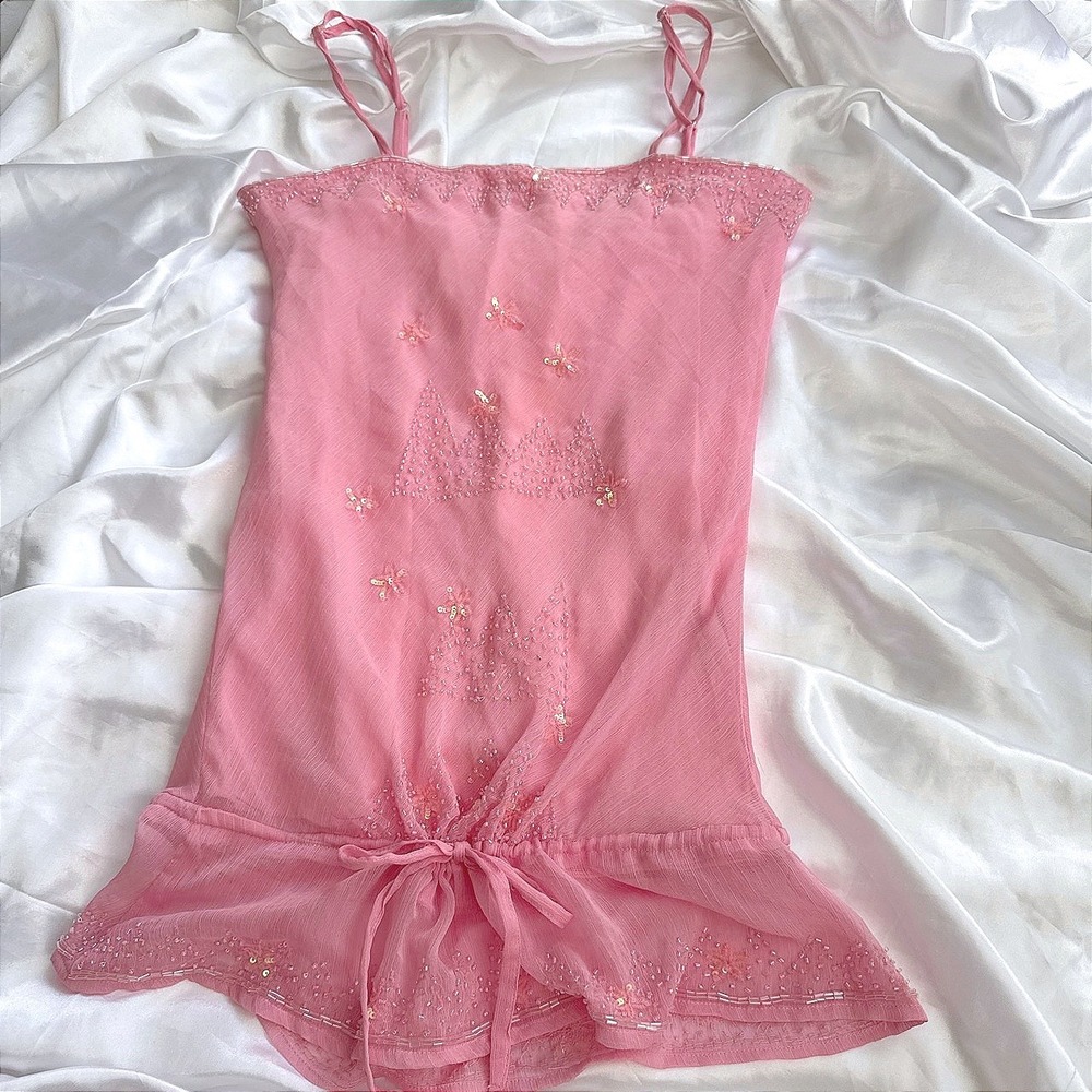 TopStudio Pink Beaded Sequin Camisole Y2K Fairycore Ruffle Hem Top